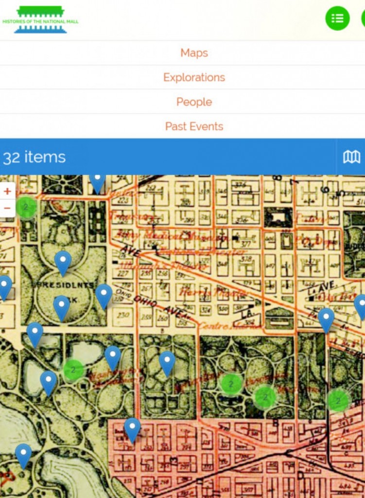 A screenshot of the Histories of the National Mall site with an historical map selected. The colorful map outlines the boundaries of streets and buildings. The Mall is visible, with winding paths. Blue pinpoints and green circles have been superimposed.