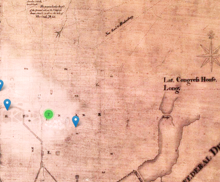 An aged map. Boundaries and streets are faintly outlined in black. A green circle and three blue pinpoints have been superimposed on the map.