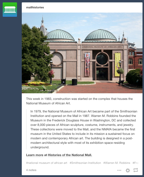 Screencap of a post on tumblr displaying the National Museum of African Art photograph and text.