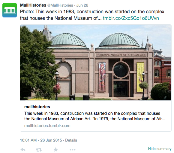 Screencap of a post on twitter displaying the National Museum of African Art photograph and text.