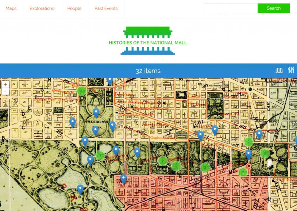 A screenshot of the Histories of the National Mall site with an historical map selected. The colorful map outlines the boundaries of streets and buildings. The Mall is visible, with winding paths. Blue pinpoints and green circles have been superimposed.