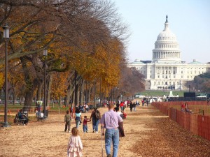 Visitors walking the paths of the National Mall.