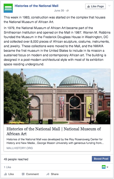 A screencap of a post on facebook displaying the National Museum of African Art photograph and text.
